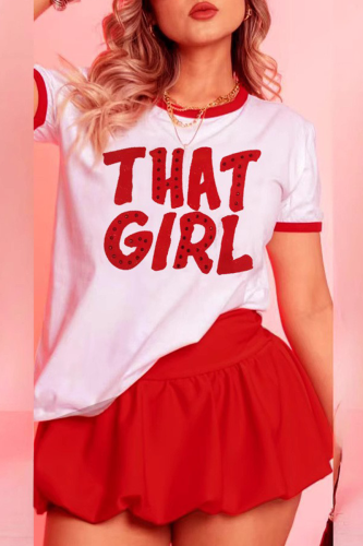 Casual Letters Hot Drill Contrast O Neck Short Sleeve Two Pieces