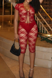Sexy Solid Color Lace Strap Design V Neck Short Sleeve Two Pieces