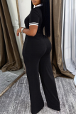 Casual Solid Color Buckle Contrast Turndown Collar Short Sleeve Two Pieces