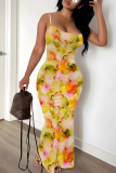 Sexy Print Backless Spaghetti Strap Long Dresses
