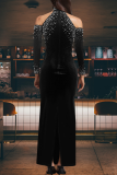 Sexy Elegant Solid Color Hot Drill O Neck Long Dresses