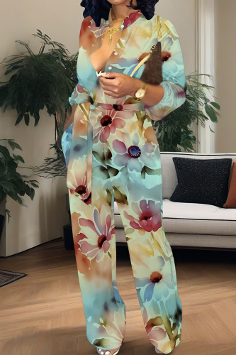 Casual Print Buckle Strap Design Turndown Collar Loose Jumpsuits
