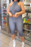 Sexy Casual Stripe Patchwork Half A Turtleneck Sleeveless Two Pieces