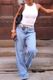 Casual Solid Color Mid Waist Loose Denim Jeans