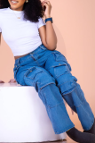 Casual Solid Color Pocket Mid Waist Loose Denim Jeans