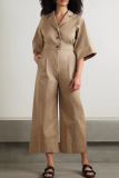 Casual Solid Color Buckle Turndown Collar Loose Jumpsuits