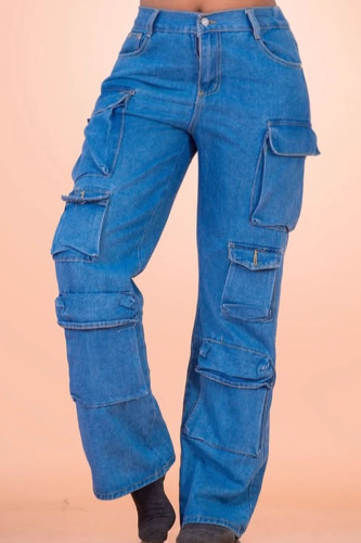 Casual Solid Color Pocket Mid Waist Loose Denim Jeans