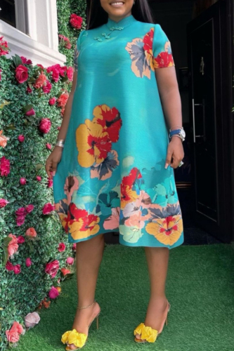 Casual Floral Print Buttons Collar Short Sleeve Vacation Turtleneck A Line Midi Dresses
