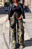 Casual Camouflage Print Pocket Loose High Waist Full Print Bottoms