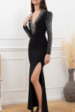 Sexy Elegant Solid Color Slit Hot Drill Deep V Neck Long Dresses