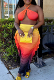 Sexy Ombre Print Ruched Flounce Sleeveless Two Pieces