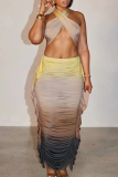 Sexy Ombre Print Ruched Flounce Sleeveless Two Pieces