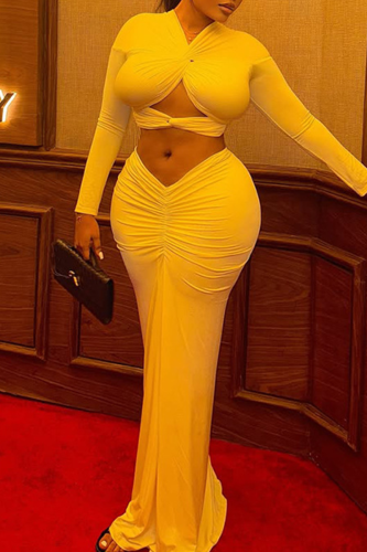 Sexy Solid Color Hollow Out V Neck Long Sleeve Two Pieces