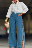 Casual Solid Color Hollow Out Flower Shape Mid Waist Loose Denim Jeans