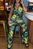 Sexy Print Backless Halter Regular Jumpsuits