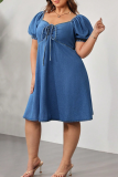 Casual Solid Color Backless Strap Design Asymmetrical Collar Denim Plus Size Dresses
