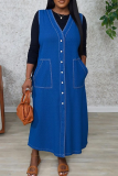 Casual Solid Color Pocket Buckle V Neck Sleeveless Loose Denim Dresses