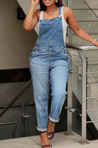 Casual Solid Color Pocket Spaghetti Strap Sleeveless Regular Denim Jumpsuits