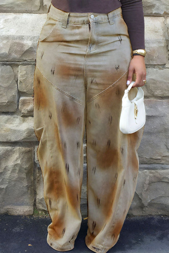 Casual Print Patchwork Mid Waist Straight Denim Jeans