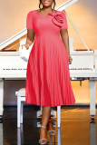 Elegant Solid Color Pleated Flower Shape O Neck Long Plus Size Dresses