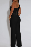 Sexy Solid Color Metal Accessories Trim Asymmetrical Collar Sleeveless Two Pieces