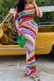 Sexy Colorblock Patchwork Off Shoulder Long Dresses