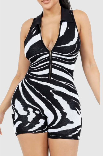 Sexy Stripe Zipper Turndown Collar Skinny Rompers
