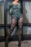 Sexy Print O Neck Long Sleeve Two Pieces