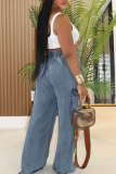 Casual Solid Color Pocket Mid Waist Loose Denim Jeans