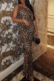 Elegant Leopard Print Patchwork Oblique Collar Long Dresses