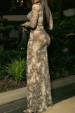 Sexy Print Hollow Out O Neck Long Dresses