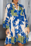 Purple Floral Print Button up Long Sleeve Ruffle Hem Loose Casual Vacation Midi Shirt Dresses