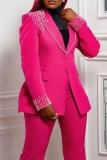Black Business Wear Formal Office Lady Pocket Buttons Hot Drill Turn-back Collar Long Sleeve Blazer and Straight Leg Pants Two Pieces Sets