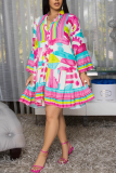 Purple Floral Print Button up Long Sleeve Ruffle Hem Loose Casual Vacation Midi Shirt Dresses