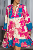 Purple Floral Print Button up Long Sleeve Ruffle Hem Loose Casual Vacation Midi Shirt Dresses