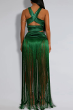 Sexy Solid Color Fringed Trim Ruched Asymmetrical Collar Sleeveless Two Pieces