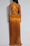Sexy Solid Color Fringed Trim Ruched Asymmetrical Collar Sleeveless Two Pieces