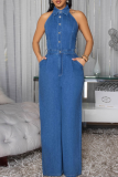 Casual Solid Color Buckle Turndown Collar Sleeveless Loose Denim Jumpsuits