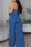 Casual Solid Color Buckle Turndown Collar Sleeveless Loose Denim Jumpsuits