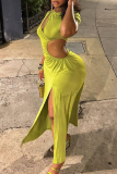 Sexy Solid Color Hollow Out Slit O Neck Long Dresses