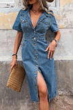 Sexy Solid Color Buckle Turndown Collar Short Sleeve Bodycon Denim Dresses