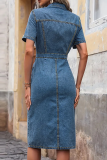 Sexy Solid Color Buckle Turndown Collar Short Sleeve Bodycon Denim Dresses