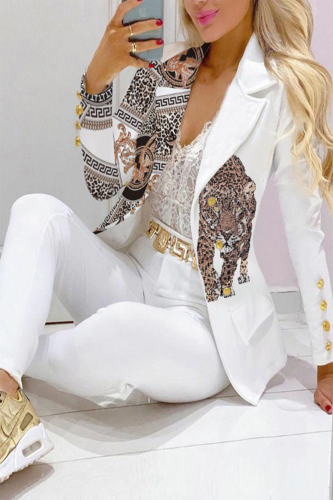 White Casual Print Patchwork Turn-back Collar Long Sleeve Two Pieces