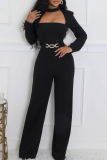 Casual Solid Color Hollow Out Metal Accessories Trim O Neck Regular Jumpsuits