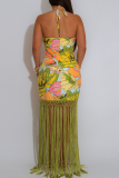 Elegant Print Fringed Trim Backless Halter Long Dresses