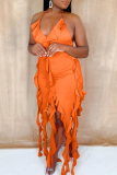 Sexy Solid Color Fringed Trim Stringy Selvedge Spaghetti Strap Irregular Dresses