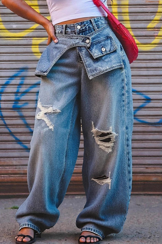 Casual Solid Color Ripped Mid Waist Loose Denim Jeans