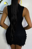 Sexy Solid Color Fringed Trim O Neck Wrapped Skirt Dresses