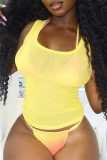 Sexy Solid Color See-Through Square Neck Tops