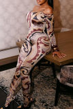Sexy Print Patchwork Off Shoulder Skinny Jumpsuits